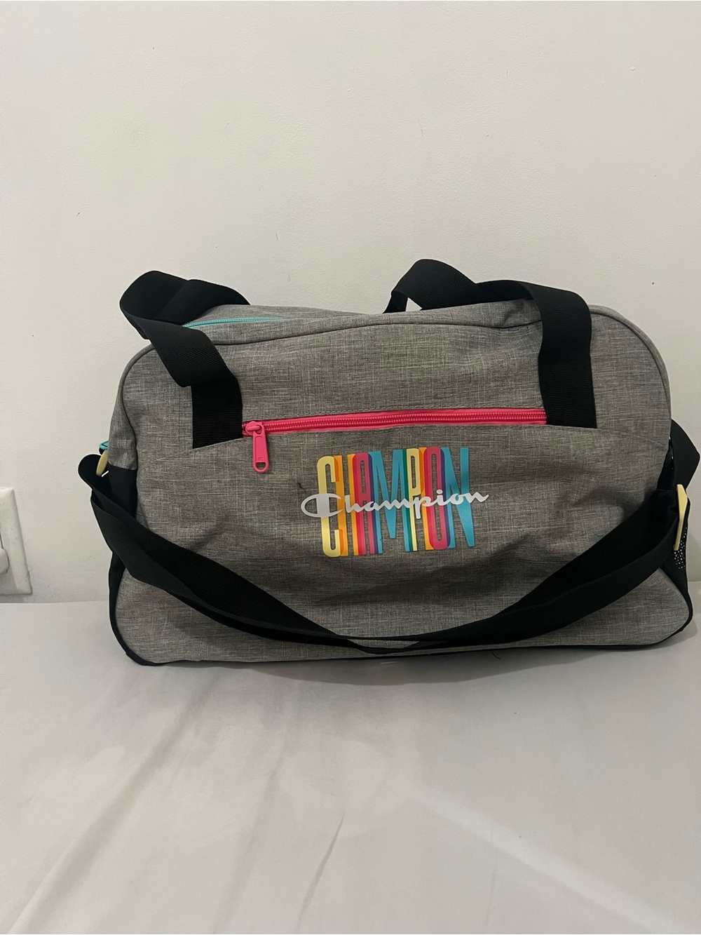 Champion Gray Duffel with Pink Zipper and Multicolor Logo